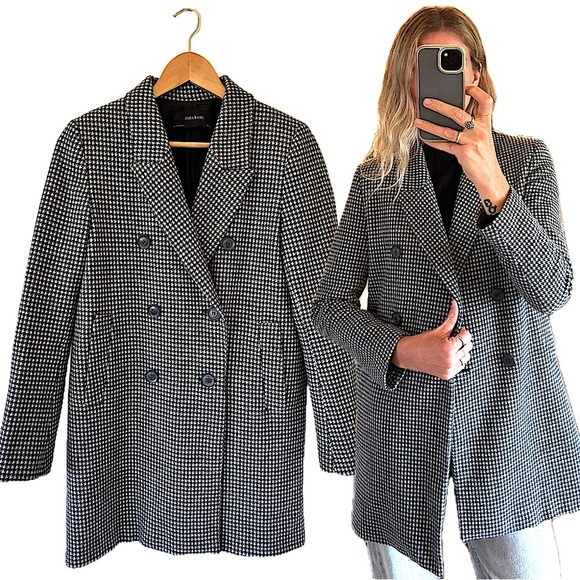 Zara Houndstooth Plaid Black and White Double Breasted Classic Fit Jacket Coat - Picture 3 of 13